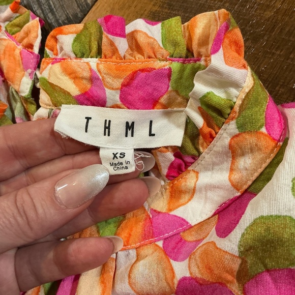 THML Multicolor Abstract Floral Ruffle Sleeve Blouse Women’s XS - Picture 3 of 6